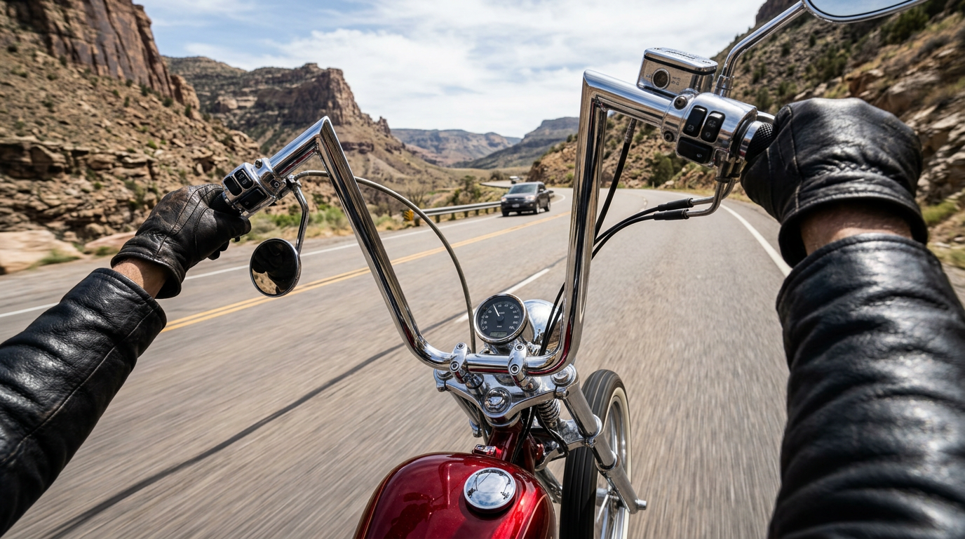 View from motorcycle handlebars on a desert canyon road with a car ahead